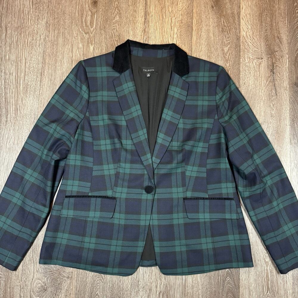 TALBOTS Wool Blend Green Blue Tartan Plaid Blazer Size 12